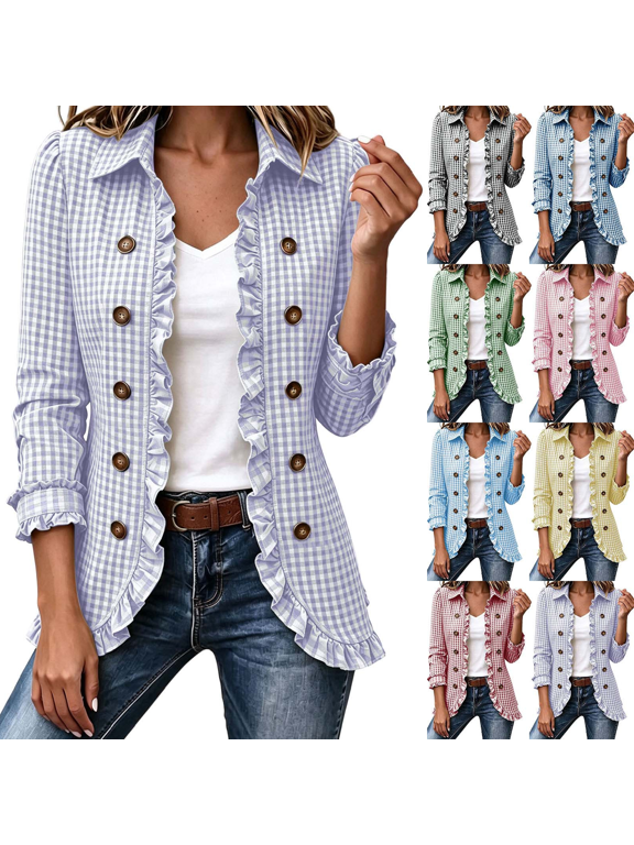 Ruffled Trim Jackets for Women Long Sleeve Laple Double Button Plaid Jacket Casual Fall Outerwear Jacket Tops S-3XL
