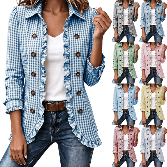 Cmtiyu Ruffled Trim Jackets for Women Long Sleeve Laple Double Button Plaid Jacket Casual Fall Outerwear Jacket Tops S-3XL