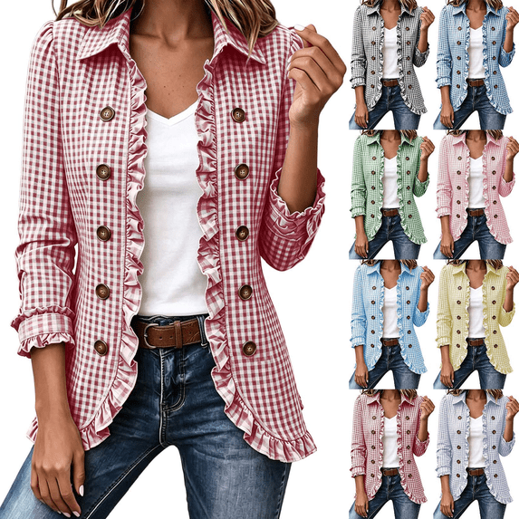 Cmtiyu Ruffled Trim Jackets for Women Long Sleeve Laple Double Button Plaid Jacket Casual Fall Outerwear Jacket Tops S-3XL