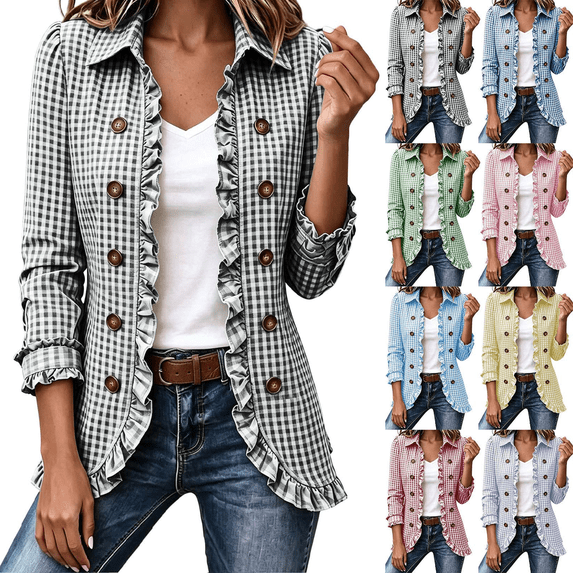 Cmtiyu Ruffled Trim Jackets for Women Long Sleeve Laple Double Button Plaid Jacket Casual Fall Outerwear Jacket Tops S-3XL