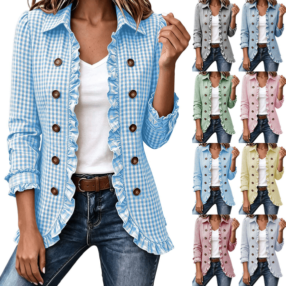 Cmtiyu Ruffled Trim Jackets for Women Long Sleeve Laple Double Button Plaid Jacket Casual Fall Outerwear Jacket Tops S-3XL