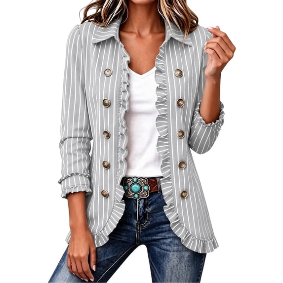 Cmtiyu Ruffled Trim Jackets for Women Long Sleeve Laple Double Button Striped Open Fron Jacket Casual Fall Outerwear Jacket Tops Gray S-3XL