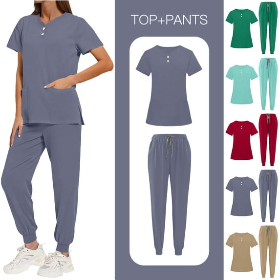 Cmtiyu Scrubs for Women Set Quick-Dry Stretch Nurse Uniform Drawstring Straight Leg Pants V Neck Side Slit Scrub Tops S-2XL