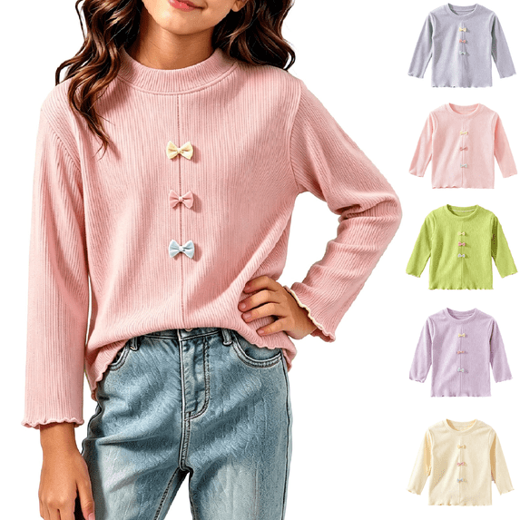 Cmtiyu Toddler Girls Sweater Long Sleeve Crew Neck Ribbed Knit Sweater with Bow Accents Soft Casual Pullover Top for Kid Girls Beige 2-3 Years