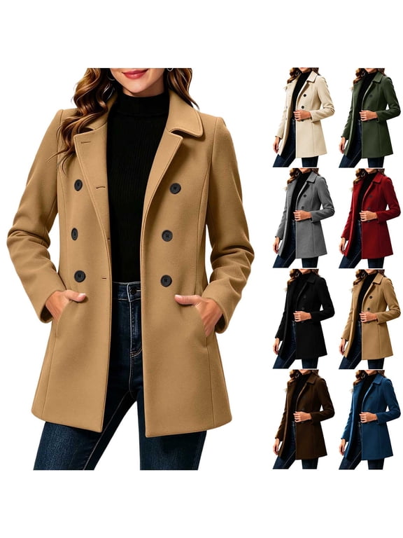Winter Coats for Women Classic Notched Collar Long Sleeve Button Pea Coats with Pockets Casual Fall Winter Outerwear Jackets S-2XL