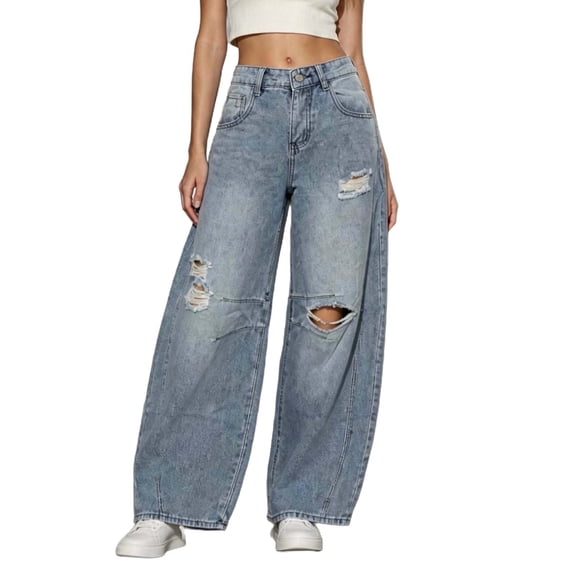 Cmtiyu Women's Jeans Baggy High Waist Button Ripped Wide Leg Jeans With Pockets Casual Fashion Streetwear Denim Pants S-XL