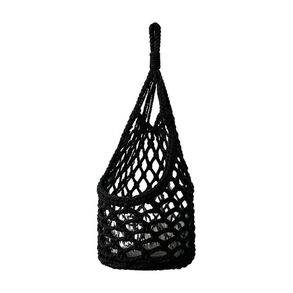 Cmunyle Black Handwoven Cotton Rope Hanging Fruit Basket with Open-Weave Net and Wood Ring for Kitchens Pantries or RVs