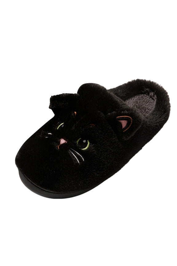 Cat Face Furry Slippers For Men And Women Indoor Outdoor Home Comfort Non Slip Fleece Lined 100% Polyester Fabric Black Size Us 5.5 Foot Length 9.06 Inches