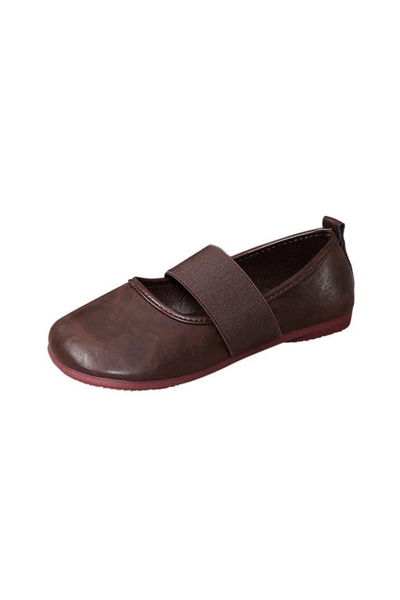 Coffee Elastic Strap Loafers For Women Round Toe Design Faux Leather Upper Cushioned Insole For Comfort Size 5.5 Us Pu Material Foot Length 9.06 Inches
