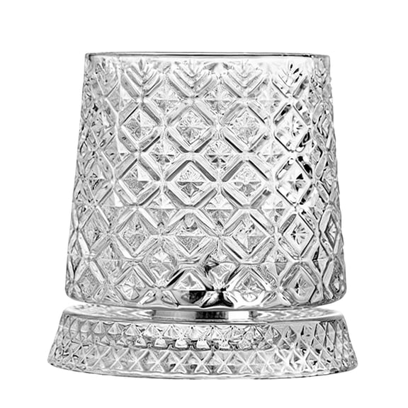 Cmunyle Crystal Spinning Whiskey Glass with Ice Flower Pattern, Rotating Base Whisky Tumbler for Spirits, 3.9 Inch Clear Glass, 8.8 oz