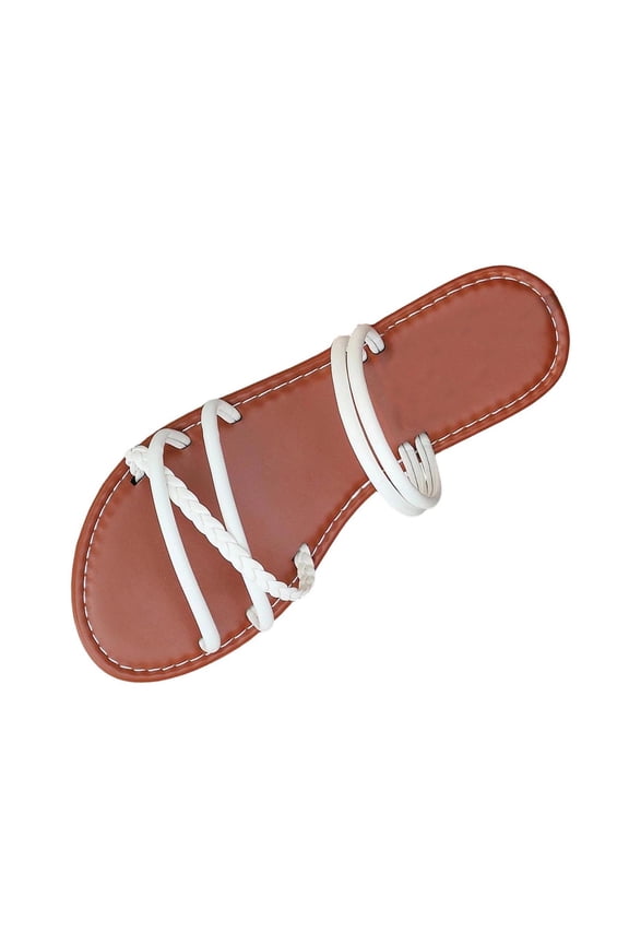 Flat Slide Sandals With Layered Straps For Women Casual Summer Beach Footwear In White Pu Material Available In Us Size 8.5 And Foot Length 10.04 Inches