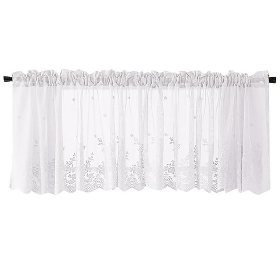 Cmunyle Lace Kitchen Curtain Valance For Bathroom Window Covering Color White Floral Print Rod Pocket Design For Home Decor Light Filtering Privacy Protection H