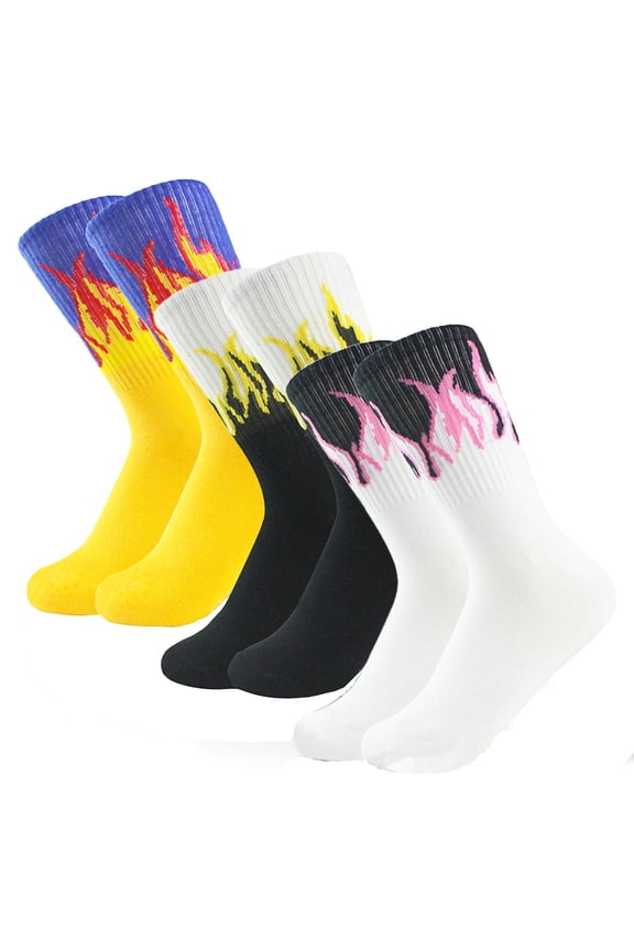 Mid Tube Socks Flame Design Pack Sports Wear For Men Polyester Fabric Free Size Assorted Colors 3 Pairs