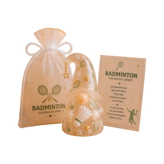 Cmunyle Pocket Gnome Figurine Badminton Theme with Message Card and Drawstring Bag for Players Coaches Friends and Sports Encouragement