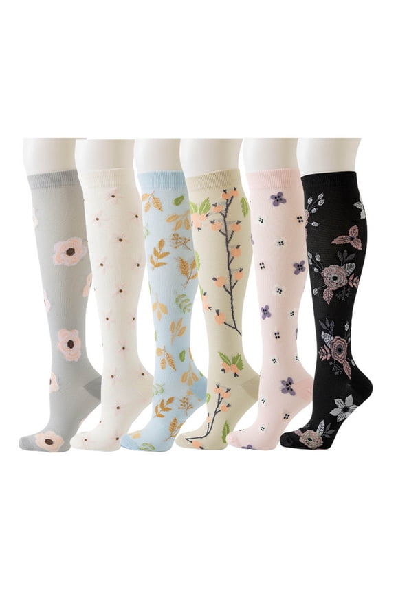 Sweat Absorbing Knee High Socks For Women Floral Print Long Tube Sports Compression Nylon Spandex 6 Pairs Black Large