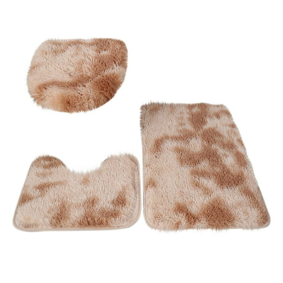 Cmunyle Tie Dyed Carpet Toilet Three Piece Set Non-Slip Mat For Bathroom Shaggy Rug 19.6 X 31.5 Inches 95% Polyester 5% Spandex Material Dark Camel Gradient Color Absorbent Bath Mat Set M