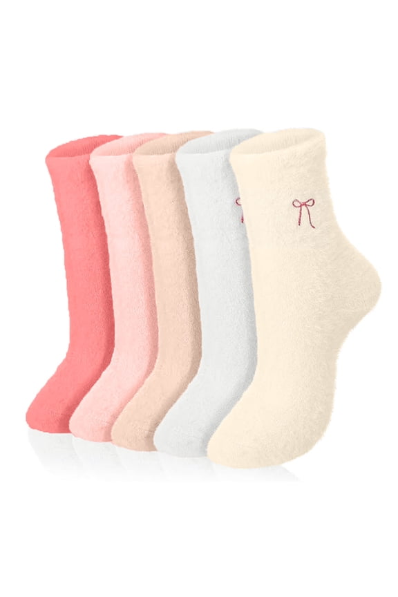 White Bow Socks For Women In Faux Mink Fabric Cozy Home Wear Middle Socks Thickened Warm Sleep Socks 5 Pairs Foot Length 8.66-9.84 Inches