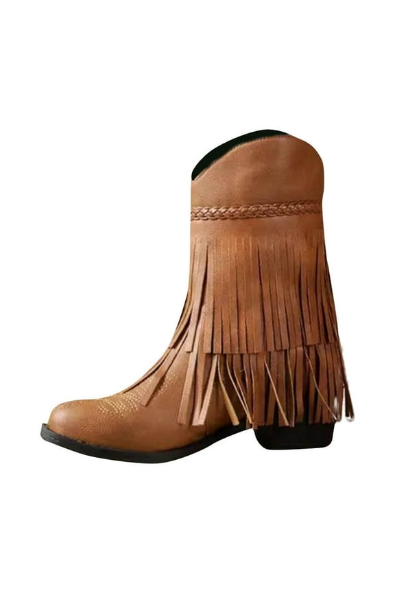 Women Fringe Denim Boots Embroidered Design Round Toe Chunky Heel Casual Footwear Rubber Sole Available In Us Size 6 Brown