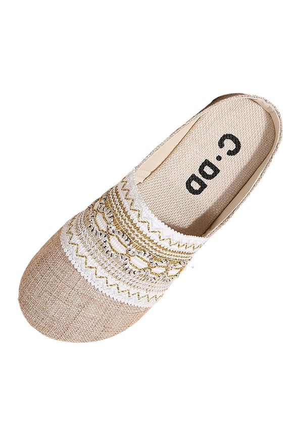 Women'S Beige Ethnic Embroidery Mules Breathable Linen-Like Mesh Upper Bohemian Casual Slip-On Flat Shoe With Adjustable Strap Us Size 7.5 Fits 9.84 Inches