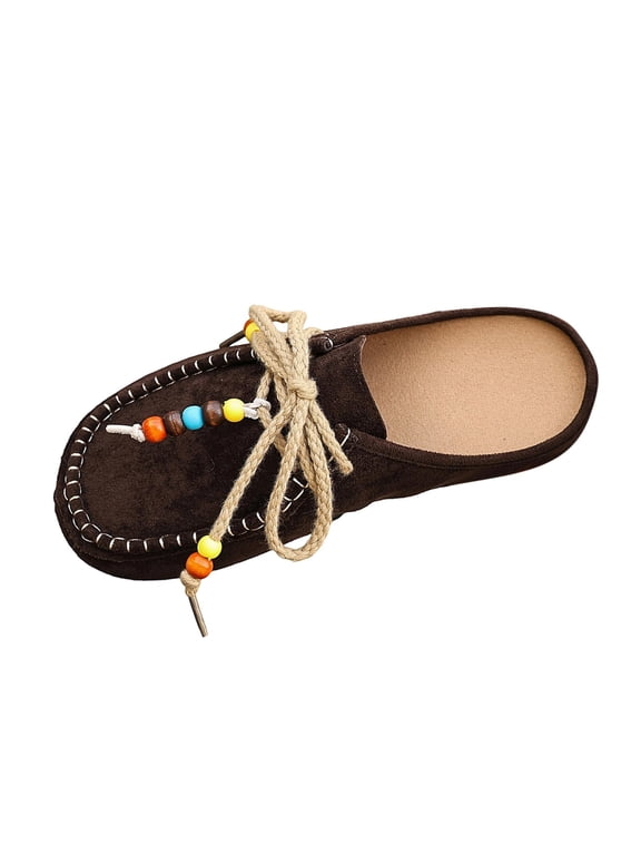 Women’S Casual Ethnic Style Half-Slippers Moccasins Beaded Rope Lacing Suede-Like Upper Flat Sole Size Us 4 Foot Length 9.25 Inches