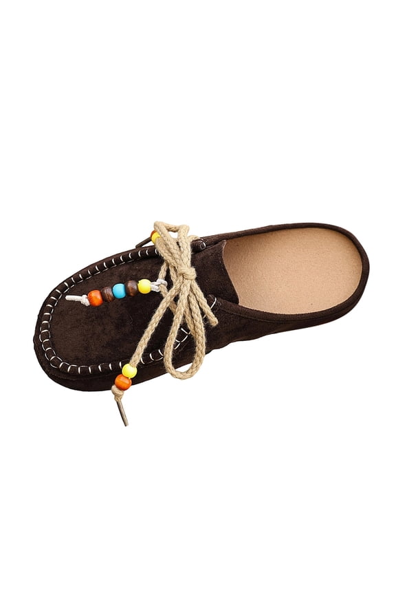 Women’S Casual Ethnic Style Half-Slippers Moccasins Beaded Rope Lacing Suede-Like Upper Flat Sole Size Us 4 Foot Length 9.25 Inches