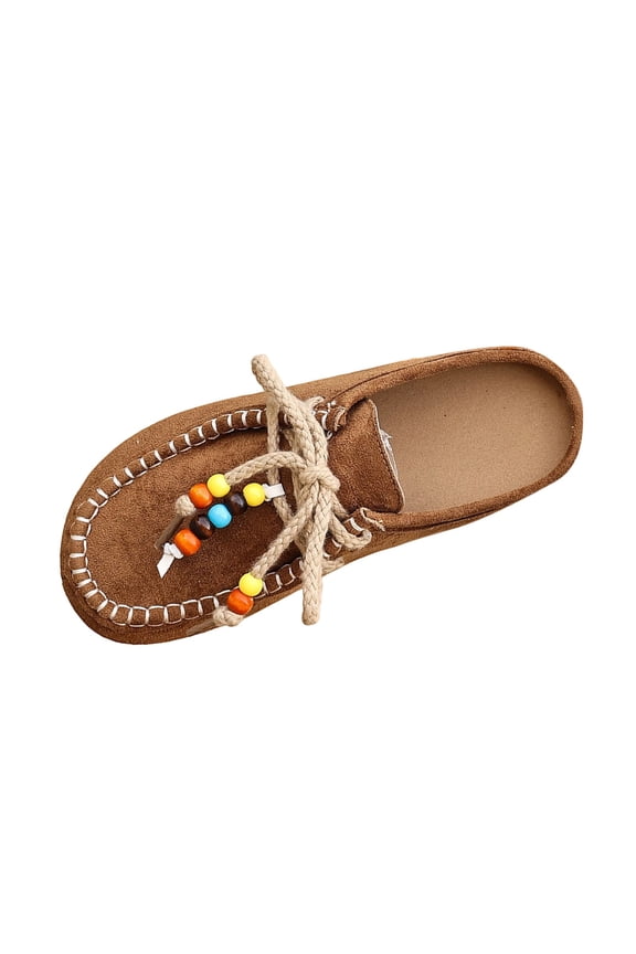 Women’S Casual Ethnic Style Half-Slippers Moccasins Beaded Rope Lacing Suede-Like Upper Flat Sole Size Us 5 Foot Length 9.65 Inches
