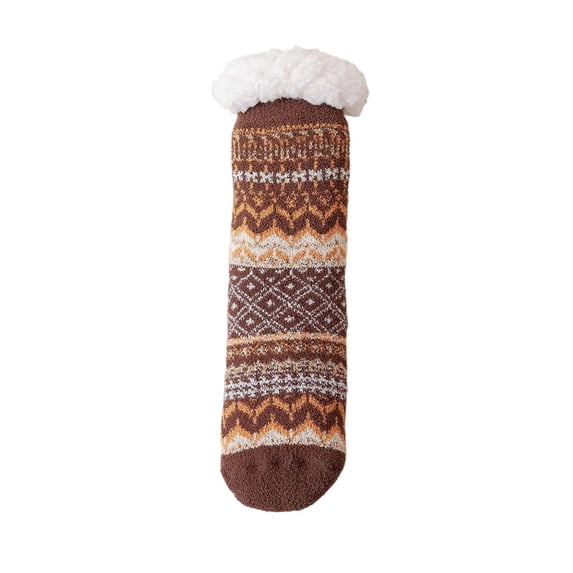 Cmunyle Womens Mid-Calf Slipper Socks Winter Warm Fleece Lined Cozy Soft Thick Fuzzy Non-Slip Indoor Socks Free Size Polyester Spandex Blend In Coffee Color