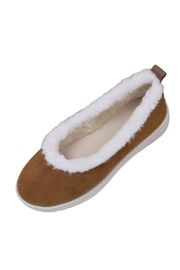 Womens Slip On Winter Flats With Faux Fur Collar Low Top Round Toe Soft Sole For Indoor Outdoor Wear Size 6.5 Us Foot Length 9.45 Inches Flannel Upper Material