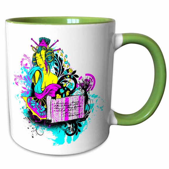 3drose, Cmyk Japanese Geisha Beaty Illustration Cartoon, 15oz Two-tone Green Mug