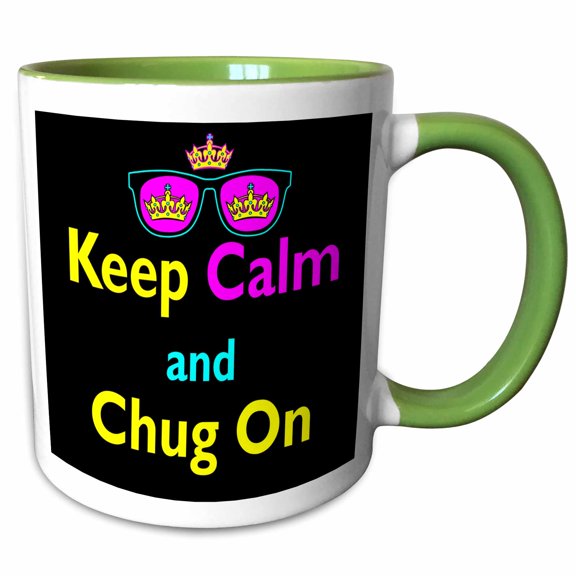 3drose, Cmyk Keep Calm Parody Hipster Crown and Sunglasses Keep Calm and Chug On, 11oz Two-tone Green Mug