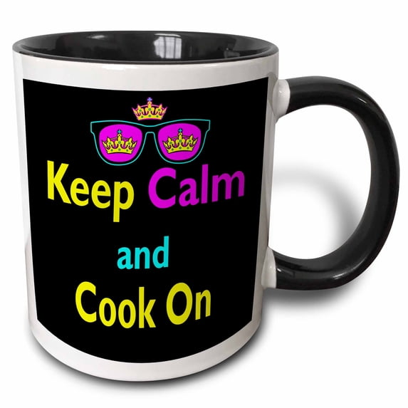 3drose, Cmyk Keep Calm Parody Hipster Crown and Sunglasses Keep Calm and Cook On, 15oz Two-tone Black Mug