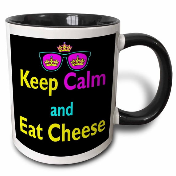 3drose, Cmyk Keep Calm Parody Hipster Crown and Sunglasses Keep Calm and Eat Cheese, 15oz Two-tone Black Mug
