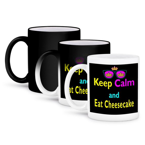 3dRose, CMYK Keep Calm Parody Hipster Crown And Sunglasses Keep Calm And Eat Cheesecake, 11oz Magic Transforming Mug