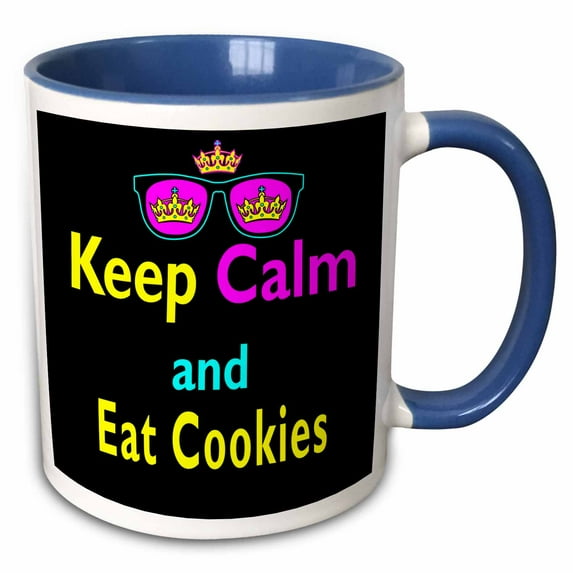 3drose, Cmyk Keep Calm Parody Hipster Crown and Sunglasses Keep Calm and Eat Cookies, 15oz Two-tone Blue Mug