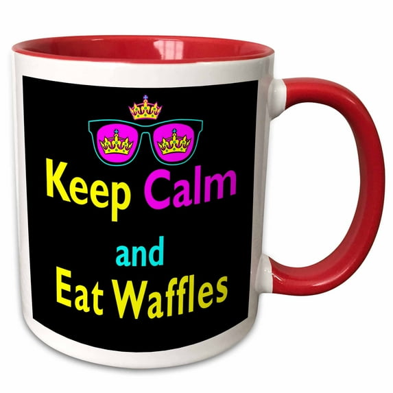 3drose, Cmyk Keep Calm Parody Hipster Crown and Sunglasses Keep Calm and Eat Waffles, 15oz Two-tone Red Mug