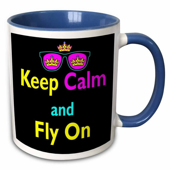 3drose, Cmyk Keep Calm Parody Hipster Crown and Sunglasses Keep Calm and Fly On, 15oz Two-tone Blue Mug
