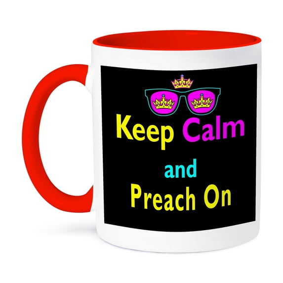 3dRose, CMYK Keep Calm Parody Hipster Crown And Sunglasses Keep Calm And Preach On, 15oz Two-Tone Red Mug