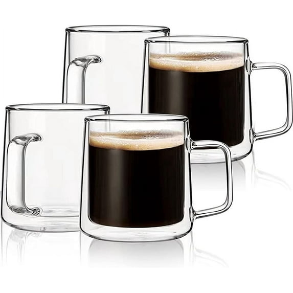 CnGlass 10oz Glass Coffee Mugs, Double Wall Insulated Glass Mugs with Handle, Clear Espresso Mugs for Latte, Cappuccino, Tea Bag, Set of 4