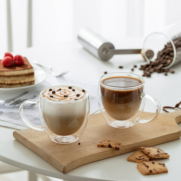 CnGlass Double Wall Glass Coffee Mugs with Handle,8.5oz Clear Insulated Glass Espresso Cups for Hot and Cold Beverages,Latte,Cappuccino,Set of 2