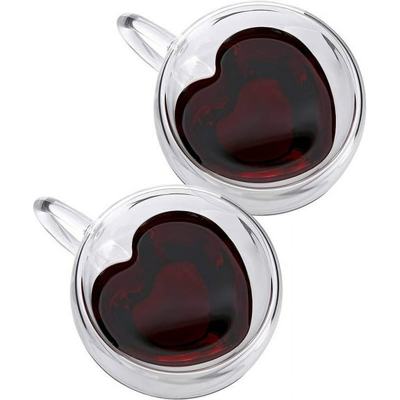 CnGlass Double Wall Heart Shaped Glass Coffee Mugs 5oz/150ml,Insulated Clear Tea Cups with Handle,Unique Glass Espresso Mugs Set of 2
