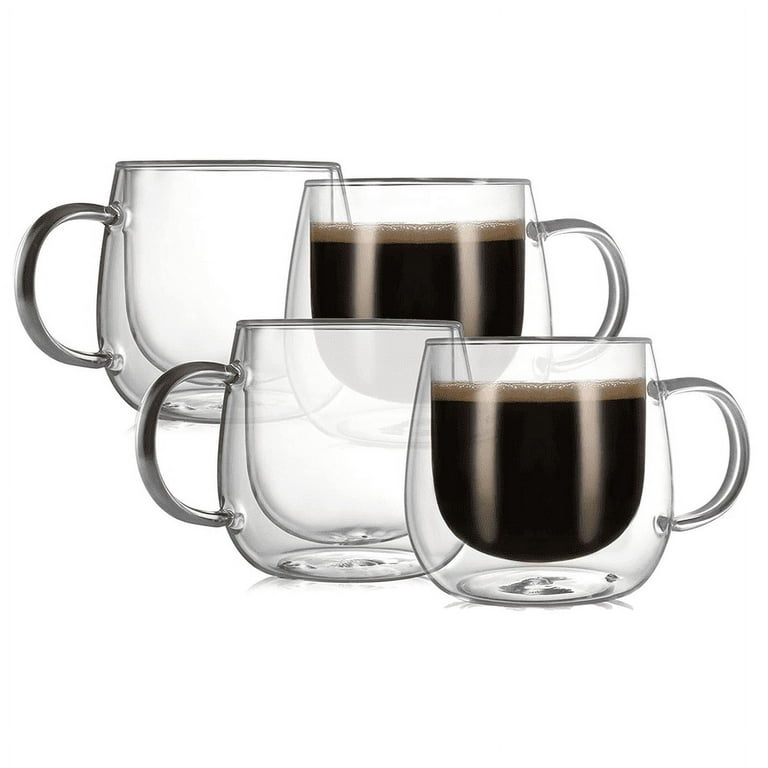CnGlass Double Walled Glass Coffee Mugs 10oz(290ml),Large Insulated  Espresso Cups,Set of 4 Clear Cappuccino Mug with Handle 