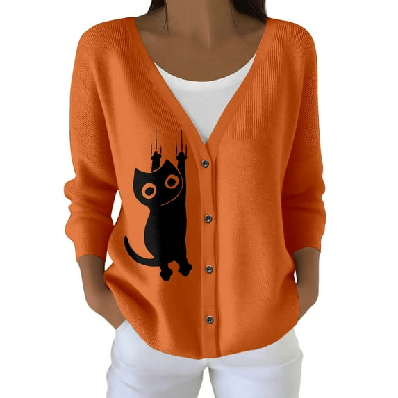 Cnbwig Cardigan Sweaters for Women Elegant Long Sleeve Knit Cardigan Button Down Sweater Animal Cat Knitted Coat Loose V Neck Jacket Winter Sweaters for Women D-Orange M
