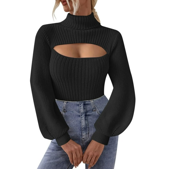 Cnbwig Cardigan Sweaters for Women Fall Winter Loose Turtleneck Sweater Sexy Knitted Top with Hollow Out Solid Color Crop Tops Winter Sweaters for Women A-Black S