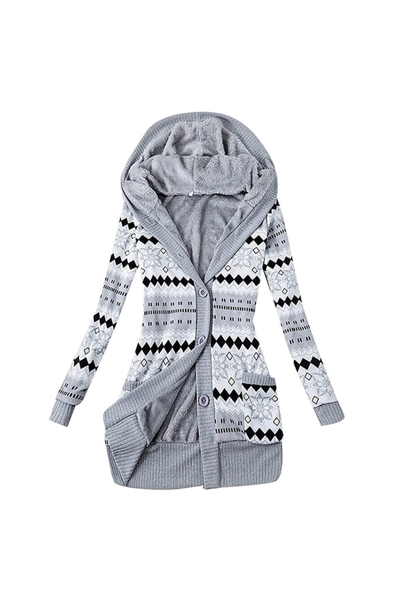 Cardigan for Womens Sweater Hooded Overcoat Knitted Thick Striped Printed Button Up Plus Size Mid-Length Outwear Coat Jacket Sweaters Fashion Ladies Cardigans A-Grey XXL