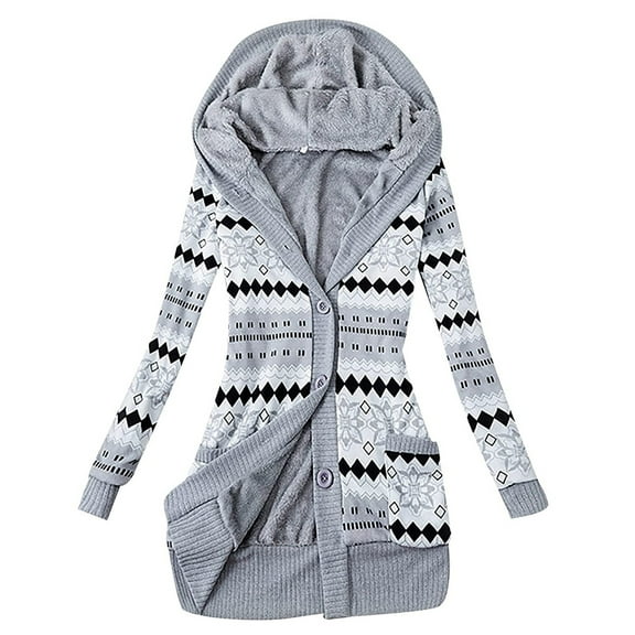 Cnbwig Cardigan for Womens Sweater Hooded Overcoat Knitted Thick Striped Printed Button Up Plus Size Mid-Length Outwear Coat Jacket Sweaters Fashion Ladies Cardigans A-Grey M