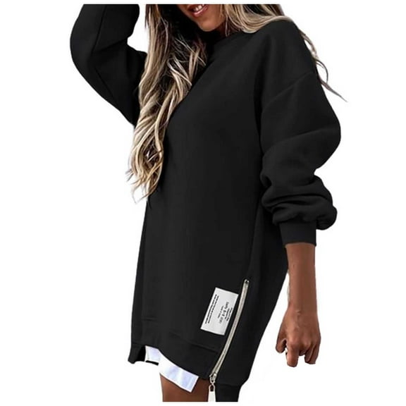 Cnbwig Casual Hoodies for Womens Shirts Long Sleeve Side Zipper Slit Sweatshirt Solid Color Crew Neck Hoodless Oversize Fall Pullover Tops for Ladies A-Black L