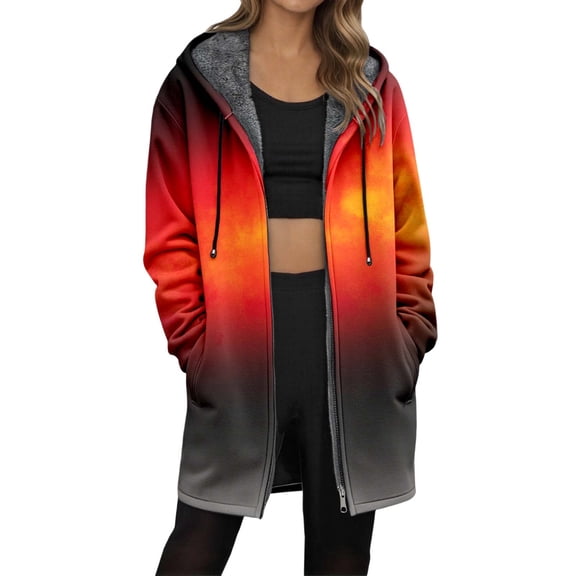 Cnbwig Casual Trench Coat for Women Autumn and Winter Gradient Print Mid Length Lined Zipper Jacket Warm with Pocket Overcoat Loose Jacket A-Black L