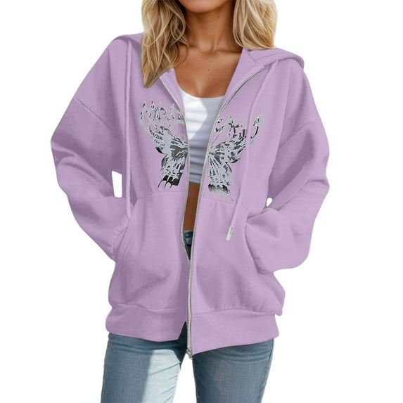 Cnbwig Casual Womens Sweatshirts Large Size Zip Up Hooded butterfly Printed solid Color Sweatshirt athletic outwear coat with Pockets Fashion Hoodies ladies shirts A-Light Purple XL