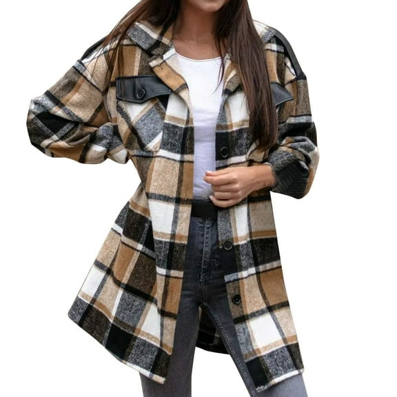 Cnbwig Checked Jacket for Women Long Sleeve Button Lapel Color Block Plaid Shirts Loose Jacket Casual Fall Coat Outwear Khaki L