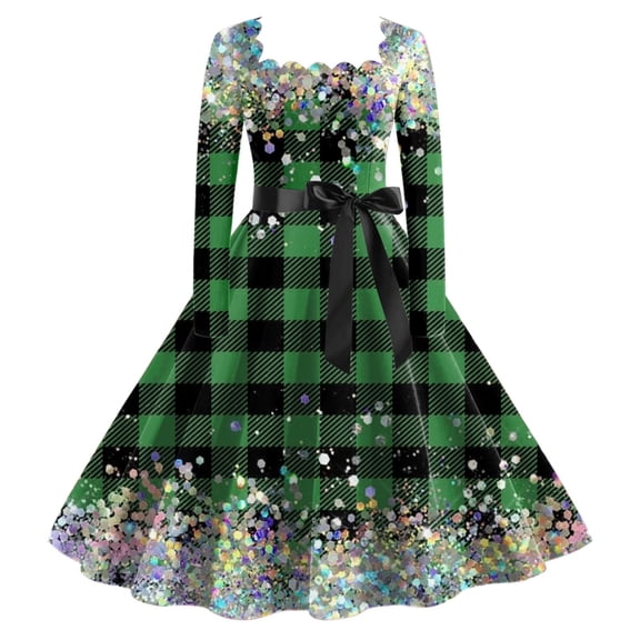 Cnbwig Christmas Dresses for Girls Christmas Plaid Classic Casual Tea Dress Long Sleeve Square Neck Gown with Belt Swing Party Dresses B-Green L